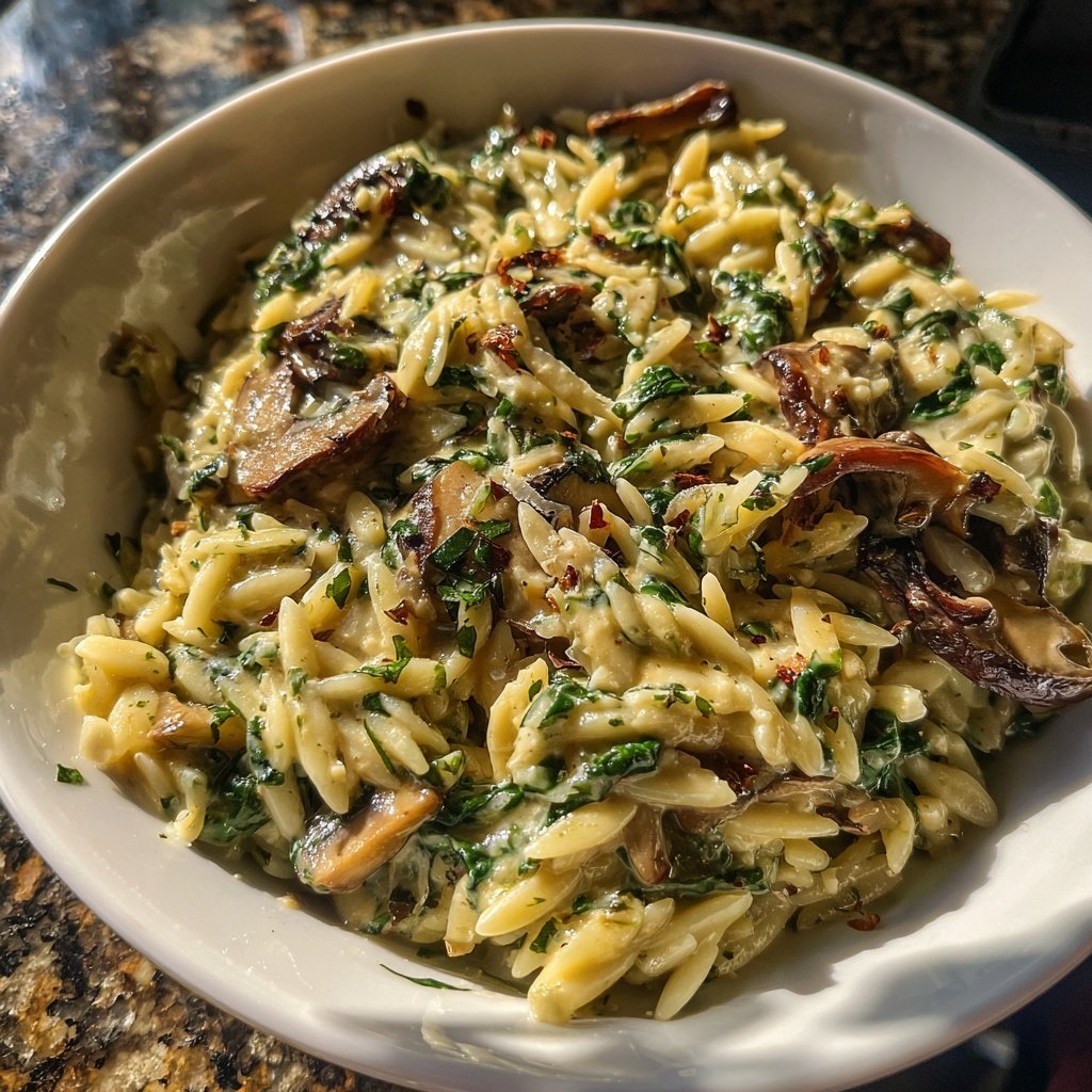 Romantic Creamy Spinach Mushroom Orzo